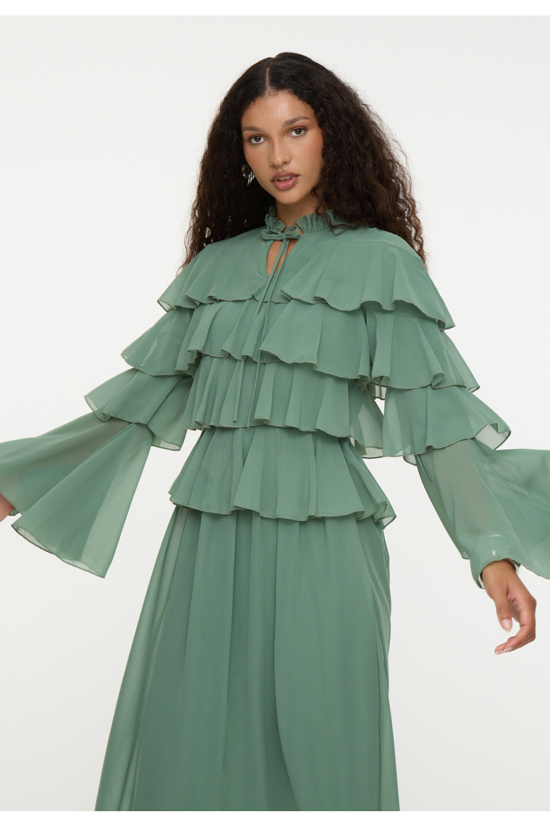 Modest Ruffle Chiffon Dress Maxi With Designer Sleeve, Alternate, color, GREEN