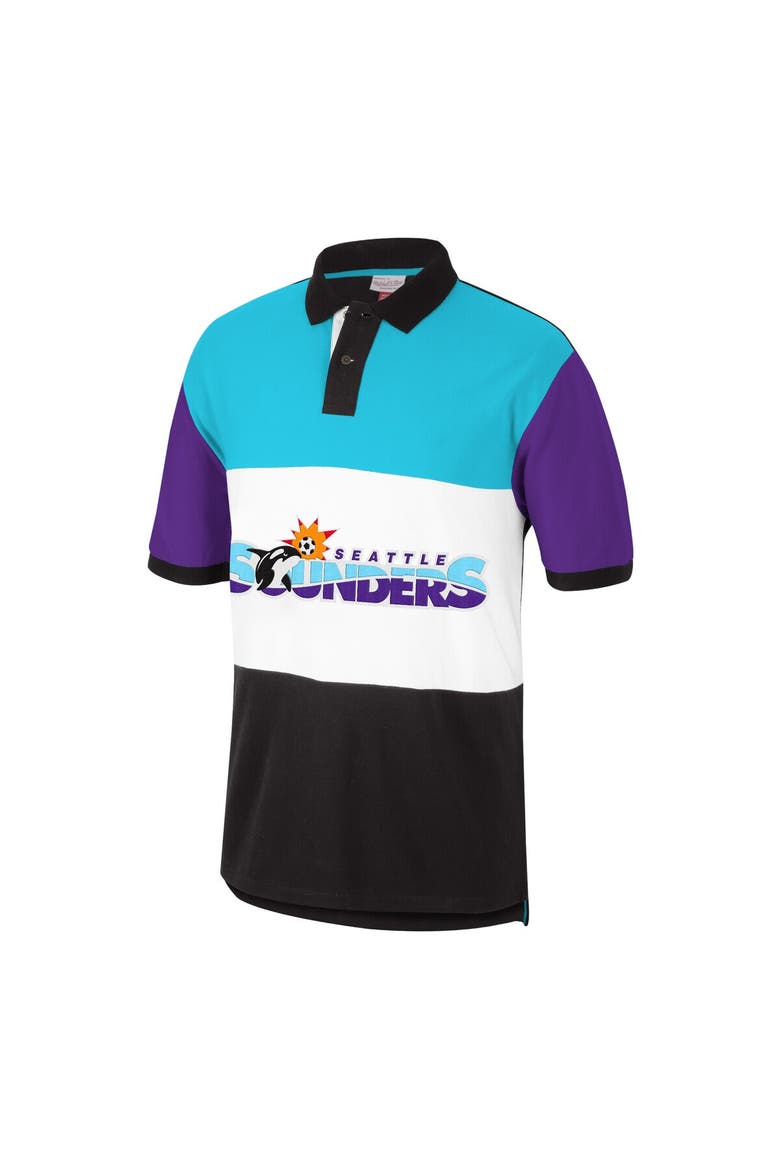 Men's Mitchell & Ness Black/Blue Seattle Sounders FC Since '96 Color Blocked Polo, Alternate, color, Black