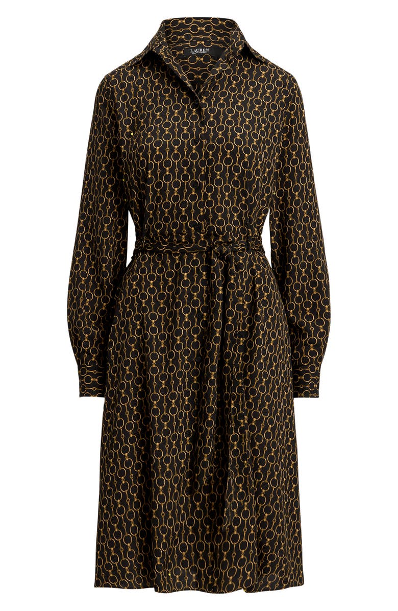 Lauren Ralph Lauren Chain Print Tie Waist Long Sleeve Crepe Shirtdress, Alternate, color, Black Multi