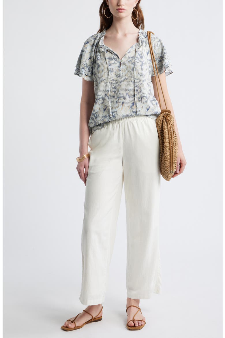 Shirred Botanical Print Linen Blend Top, Alternate, color, IVORY- BLUE B DAISY TAPESTRY