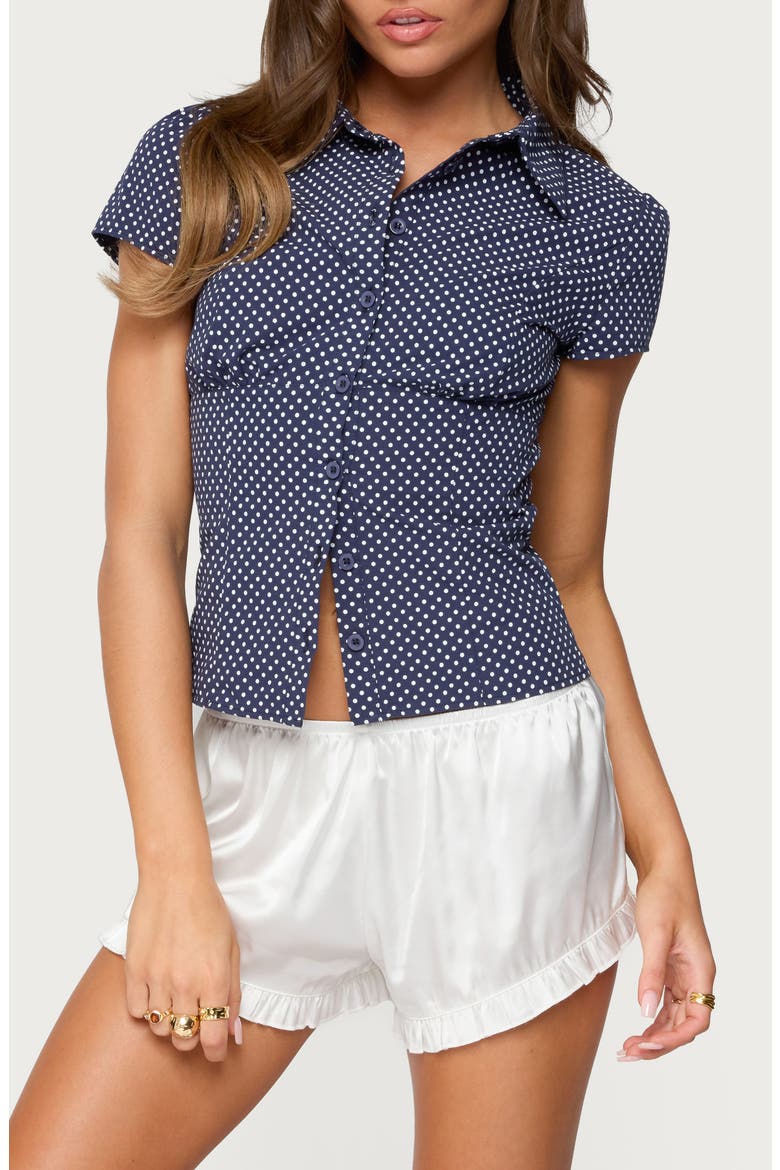 Polka Dot Short Sleeve Tailored Cotton Button-Up Shirt, Main, color, NAVY