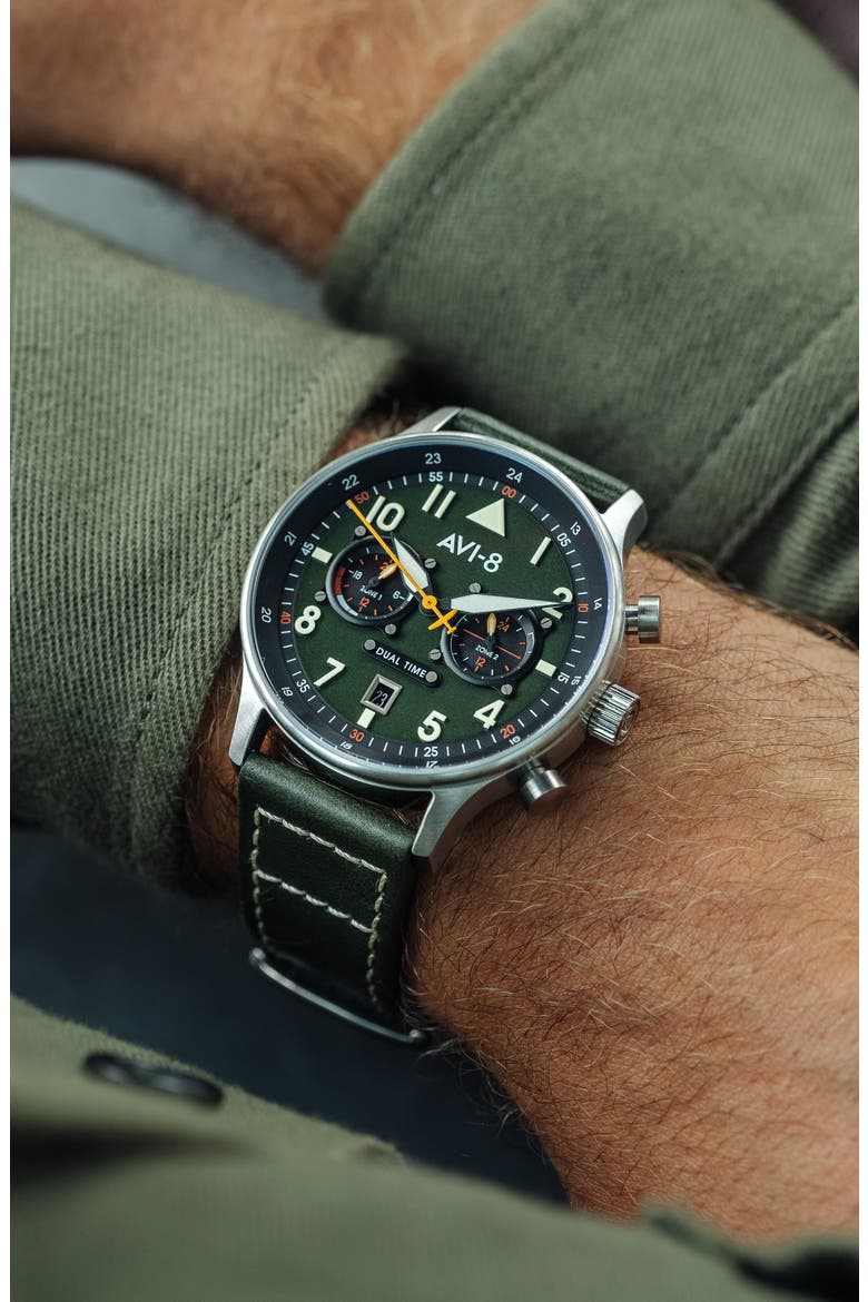 Hawker Hurricane Carey Chronograph Leather Strap Watch, 44mm, Alternate, color, GREEN