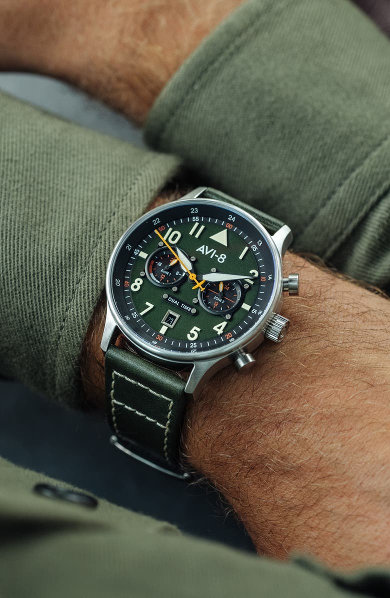 AVI-8 Hawker Hurricane Carey Chronograph Leather Strap Watch, 44mm, Alternate, color, Green
