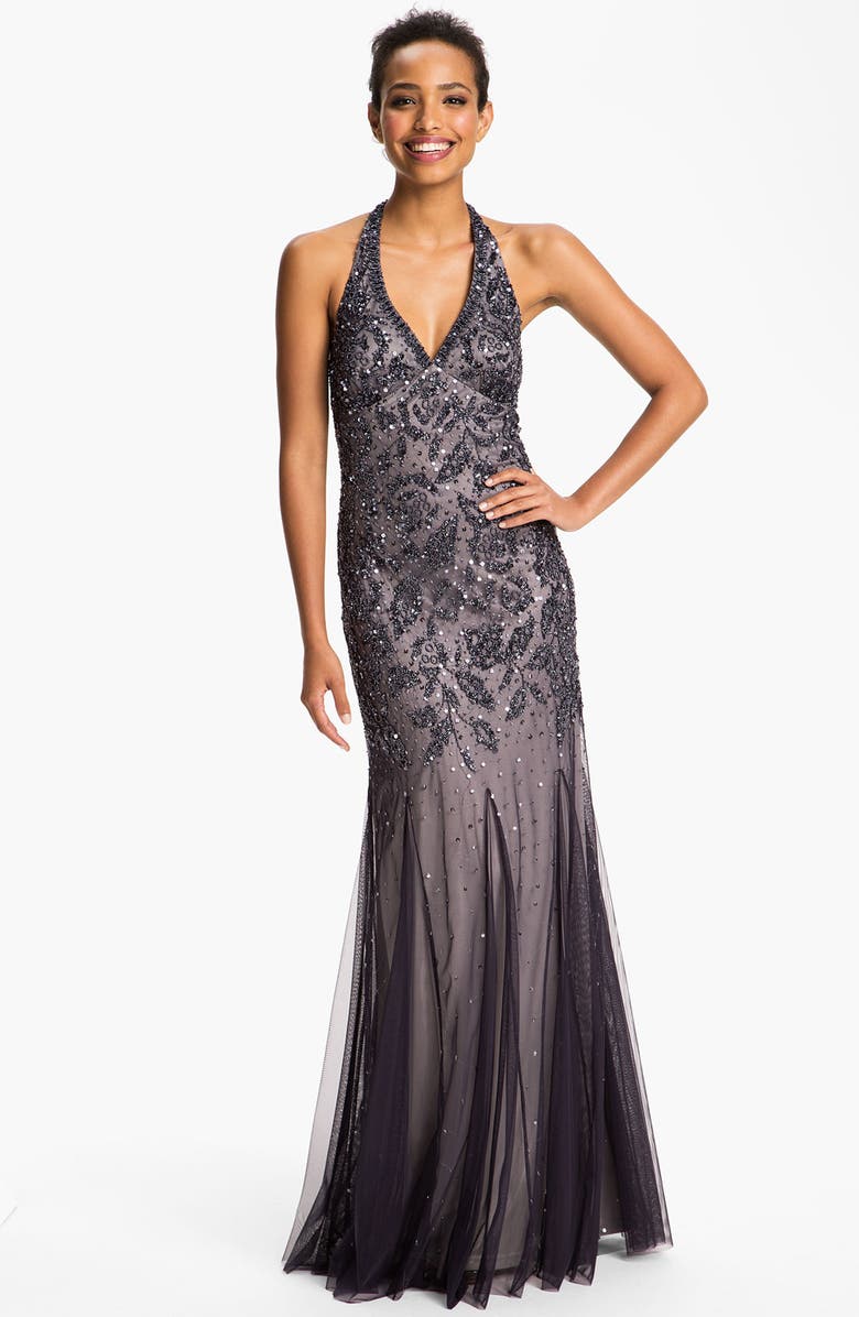 Adrianna Papell Beaded Mesh Halter Gown, Main, color, 