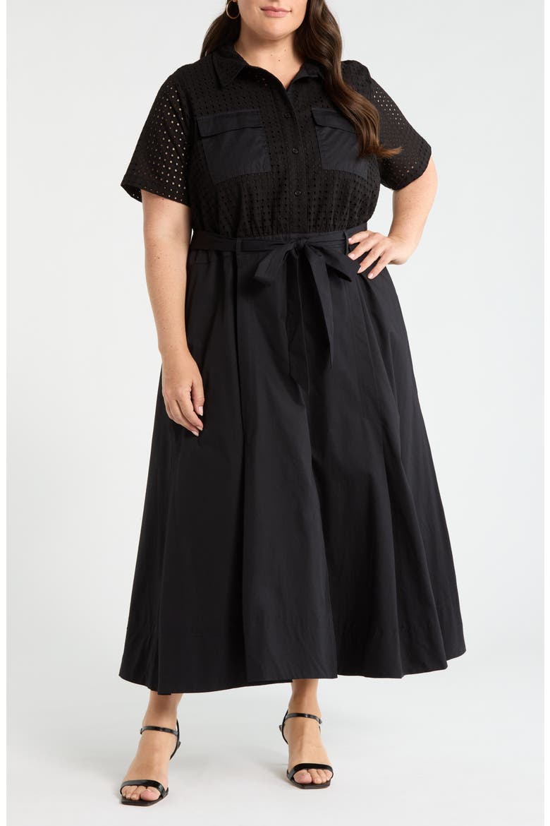 Eyelet Embroidery Midi Shirtdress, Main, color, RICH BLACK 060