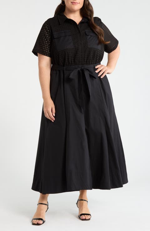 Eyelet Embroidery Midi Shirtdress (Plus Size)