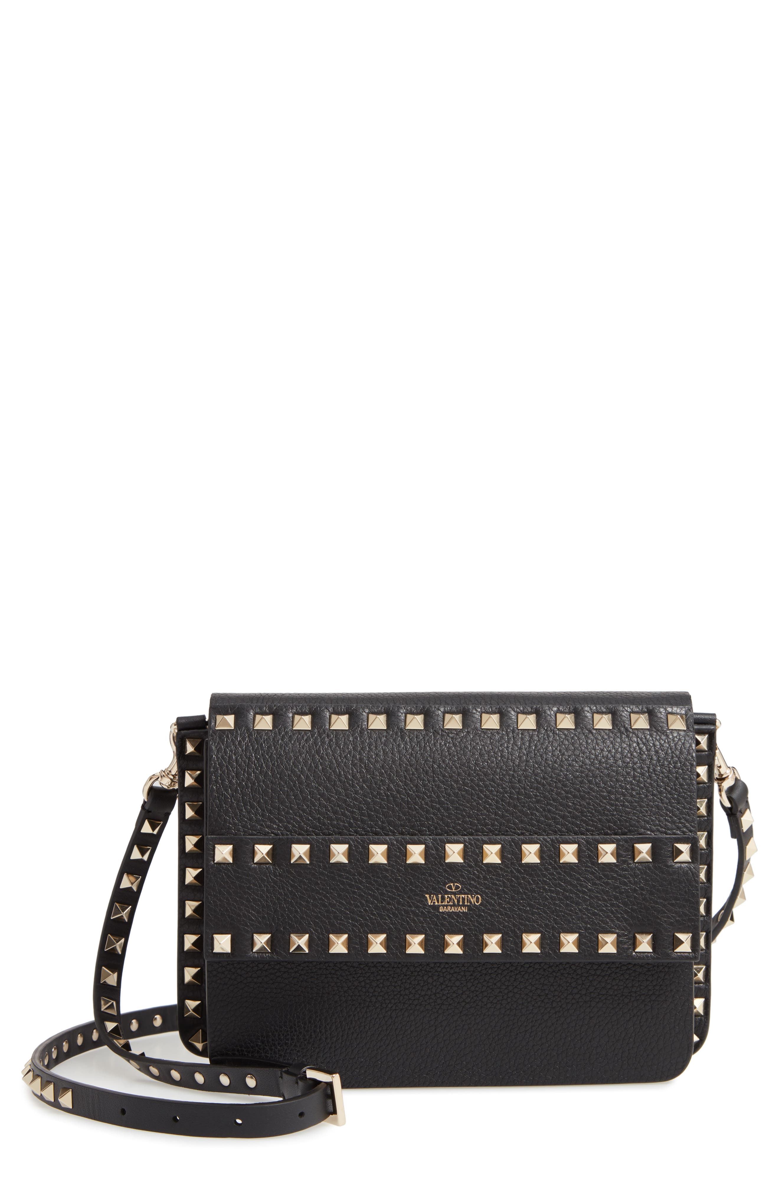 Small Rockstud Calfskin Leather Shoulder Bag, Main, color, NERO