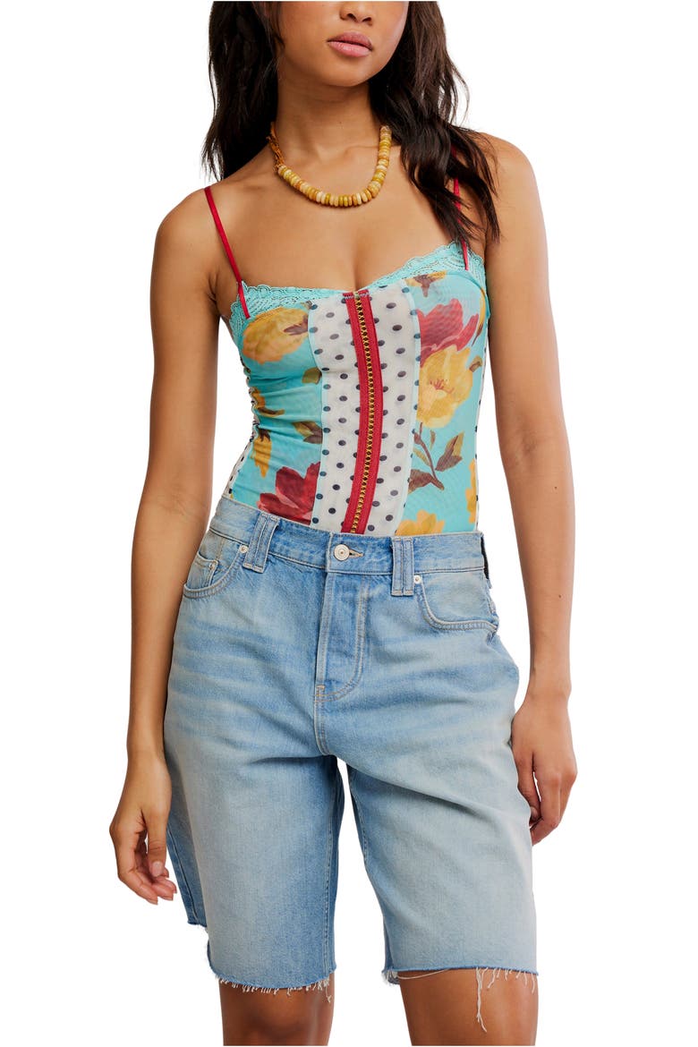 Here & There Mixed Print Mesh Bodysuit, Alternate, color, SEAFOAM COMBO
