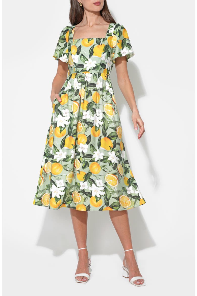 Kailany Lemon Fit-and-Flare Midi Dress, Main, color, CITRON LEMON