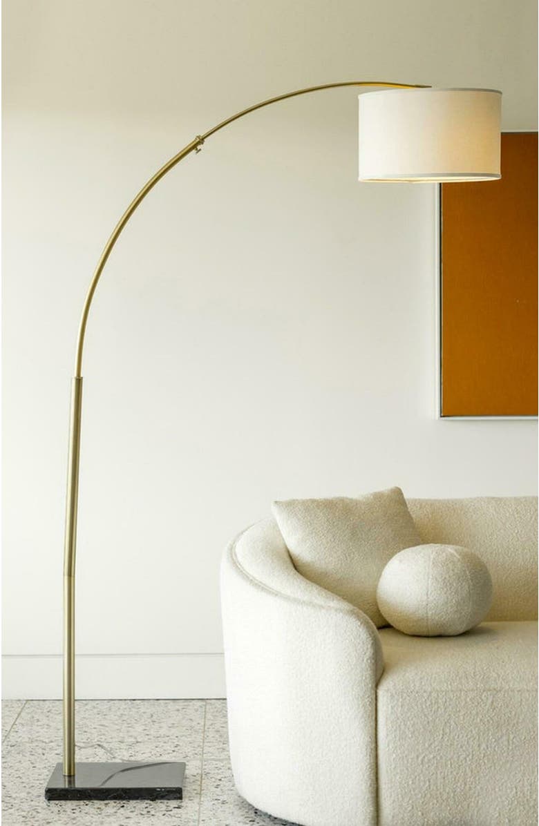 Brightech Logan 76" Modern Extendable LED Floor Lamp with Fabric Drum Shade, Bulb Included, Alternate, color, Antique Brass