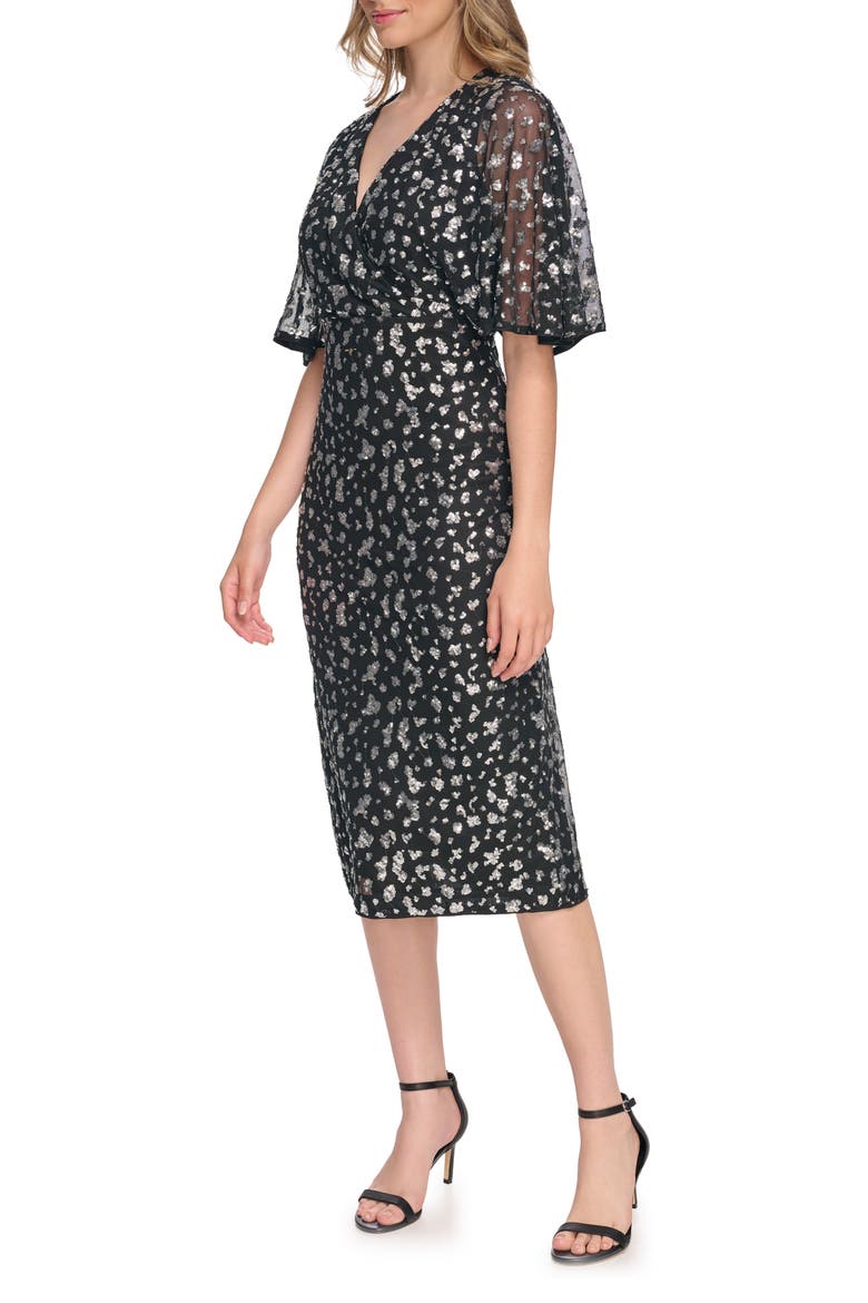 Sequin Faux Wrap Dress, Alternate, color, BLACK / SILVER