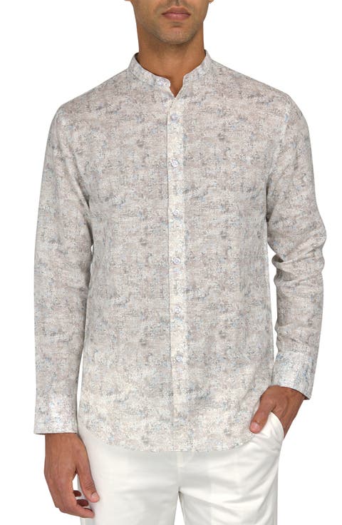 Slim Fit Abstract Leaves Linen Cotton Banded Collar Long Sleeve Shirt