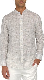Brooklyn Brigade Slim Fit Abstract Leaves Linen Cotton Banded Collar Long Sleeve Shirt