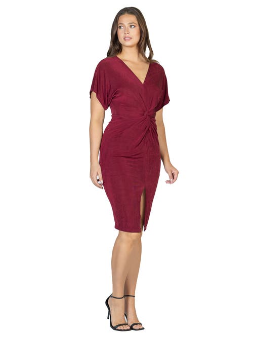 24seven Comfort Apparel Womens Short Sleeve V Neck Twist Front Split Hem Dress In Burgundy