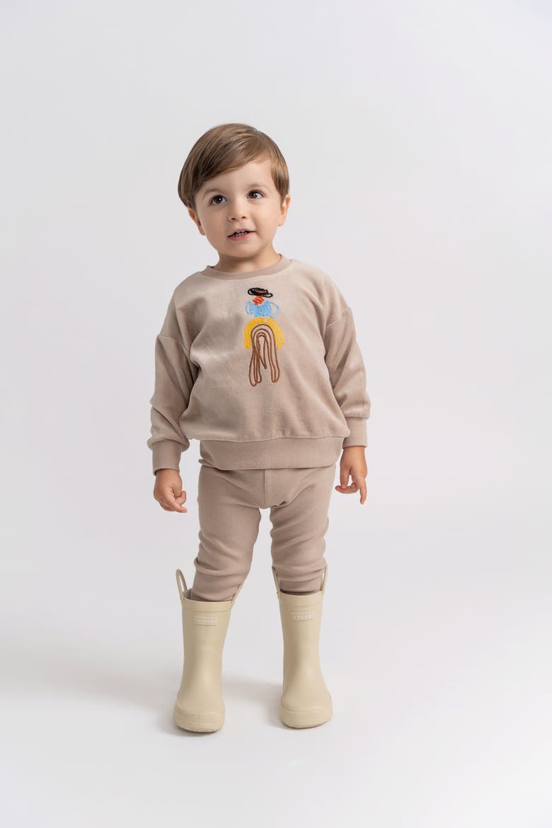 Cowboy Embroidered Velour Long Sleeve Top and Pants Set, Alternate, color, Beige
