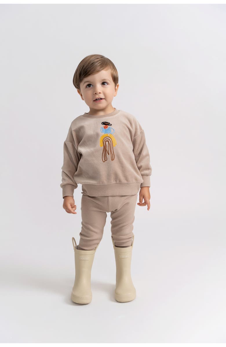 Space Grey Cowboy Embroidered Velour Long Sleeve Top and Pants Set, Alternate, color, Beige