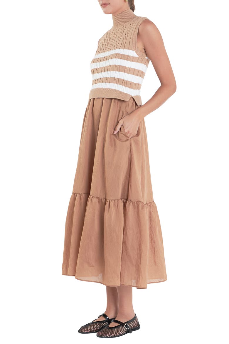 Mixed Media Tiered Midi Dress, Alternate, color, CAMEL/ WHITE