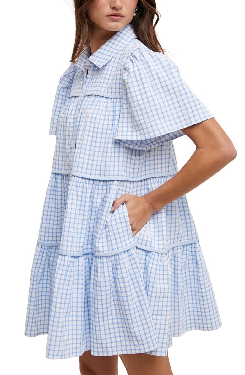 WISHLIST Check Print Buttoned Babydoll Dress, Alternate, color, Sky/ White
