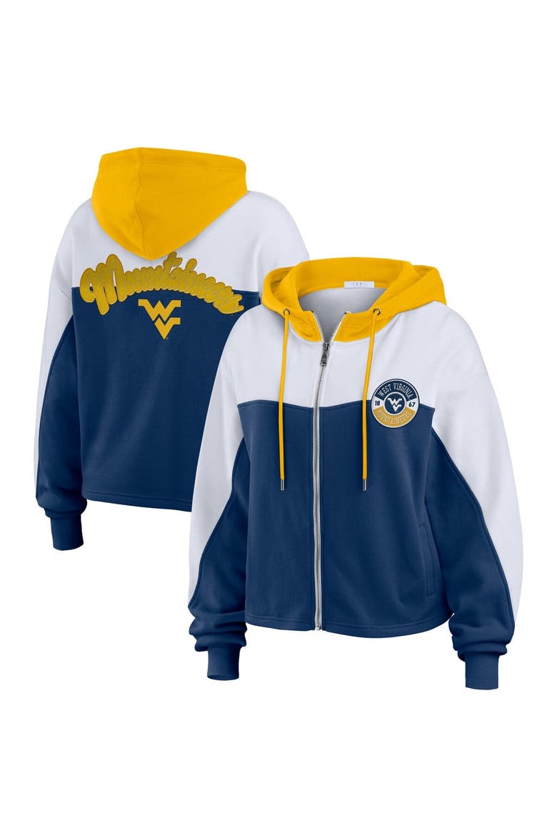 Women's WEAR by Erin Andrews Navy West Virginia Mountaineers Color-Block Full-Zip Hoodie, Main, color, Navy