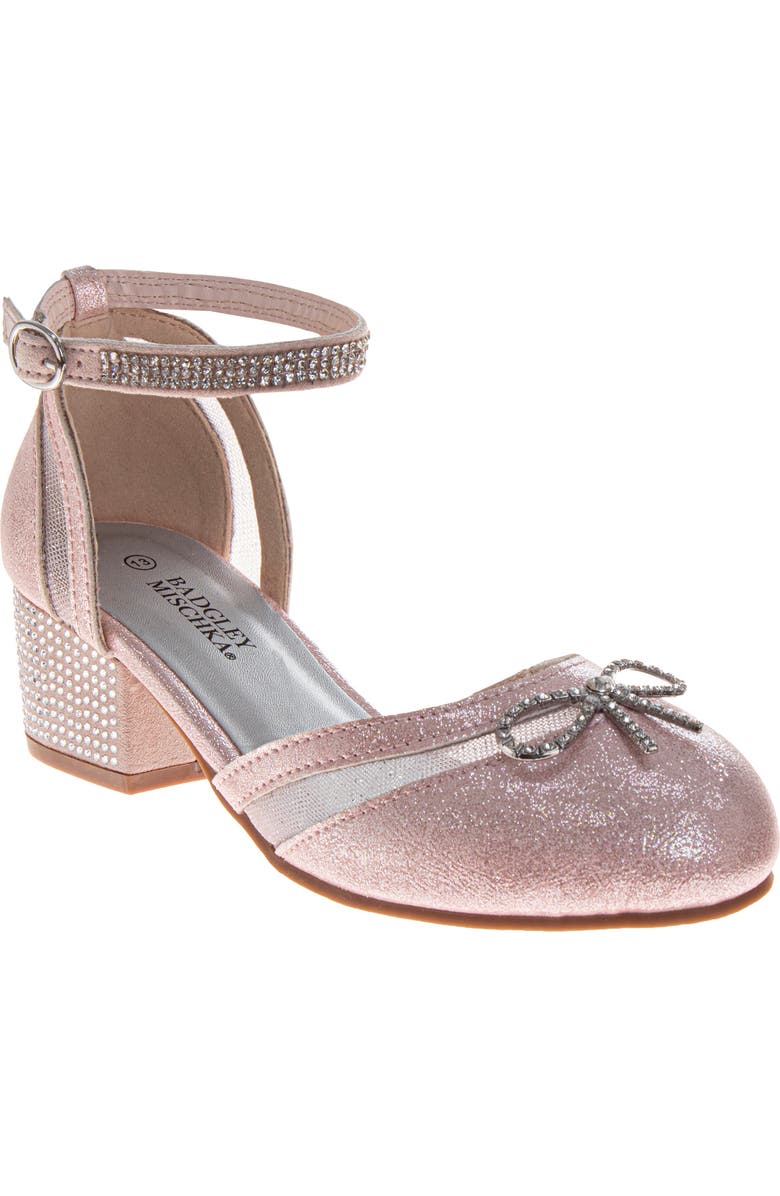 Badgley Mischka Collection Kids' Crystal Bow Ankle Strap Pump, Main, color, Pink