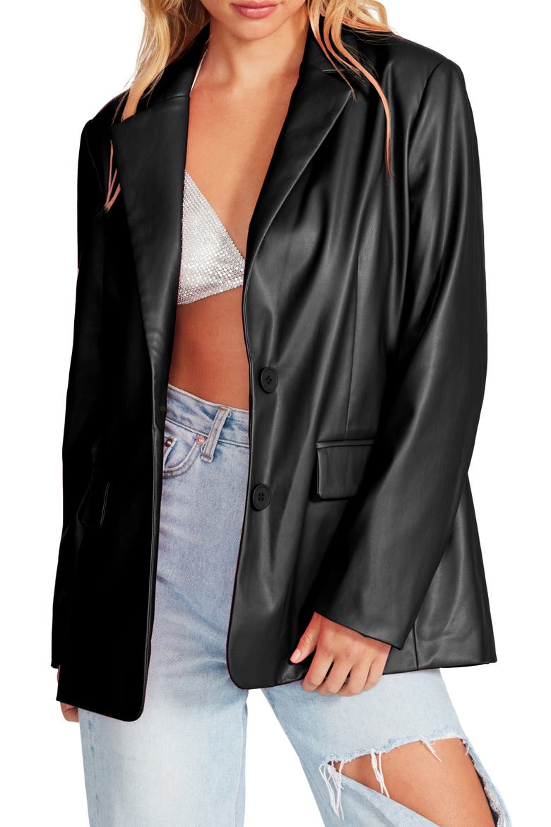 Faux Leather Boyfriend Blazer, Main, color, BLACK