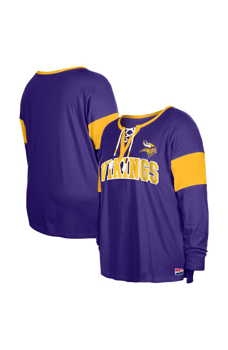 New Era Women's New Era Purple Minnesota Vikings Plus Size Lace-Up Notch Neck Long Sleeve T-Shirt, Main, color, 