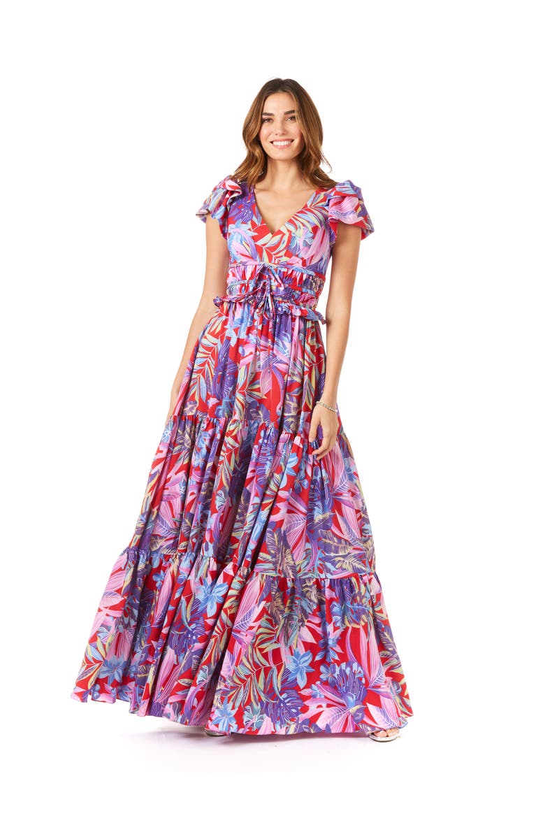 V-Neck Long Print Gown with Cap Sleeves, Main, color, Print