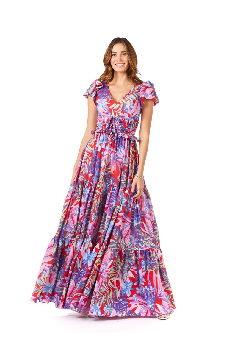LARA New York V-Neck Long Print Gown with Cap Sleeves, Main, color, Print