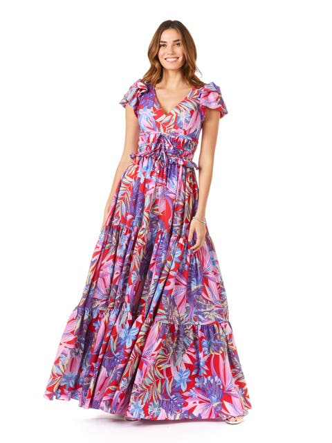 V-Neck Long Print Gown with Cap Sleeves