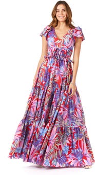 LARA New York V-Neck Long Print Gown with Cap Sleeves