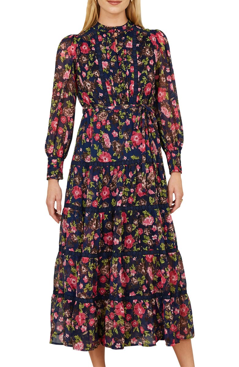 Yumi Blossom Print Lace Trim Maxi Dress, Alternate, color, Navy