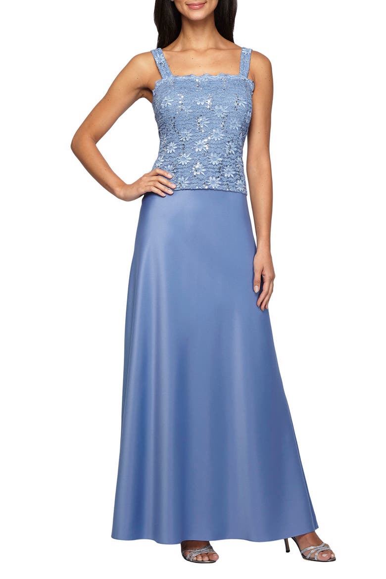 Sequin Lace & Satin Gown with Jacket, Main, color, ANTIQUE BLUE