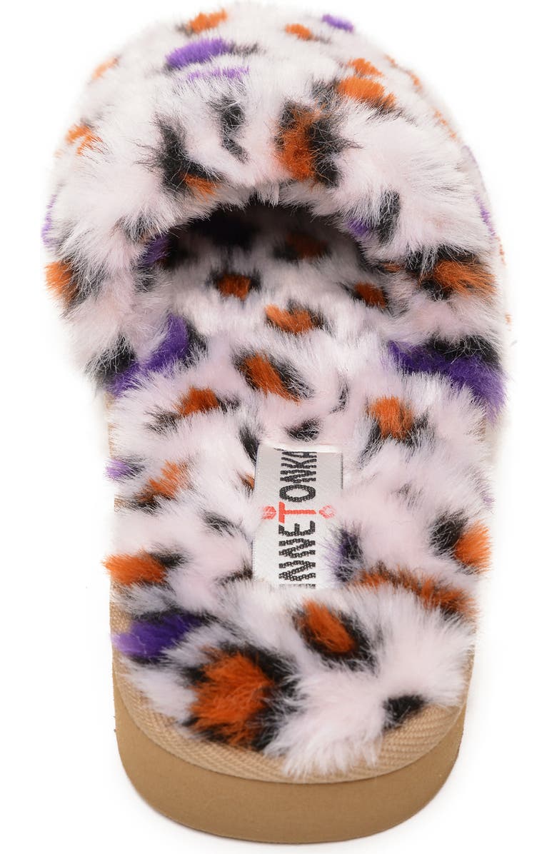 Minnetonka Faux Fur Slide Slipper, Alternate, color, Blush Leopard Print