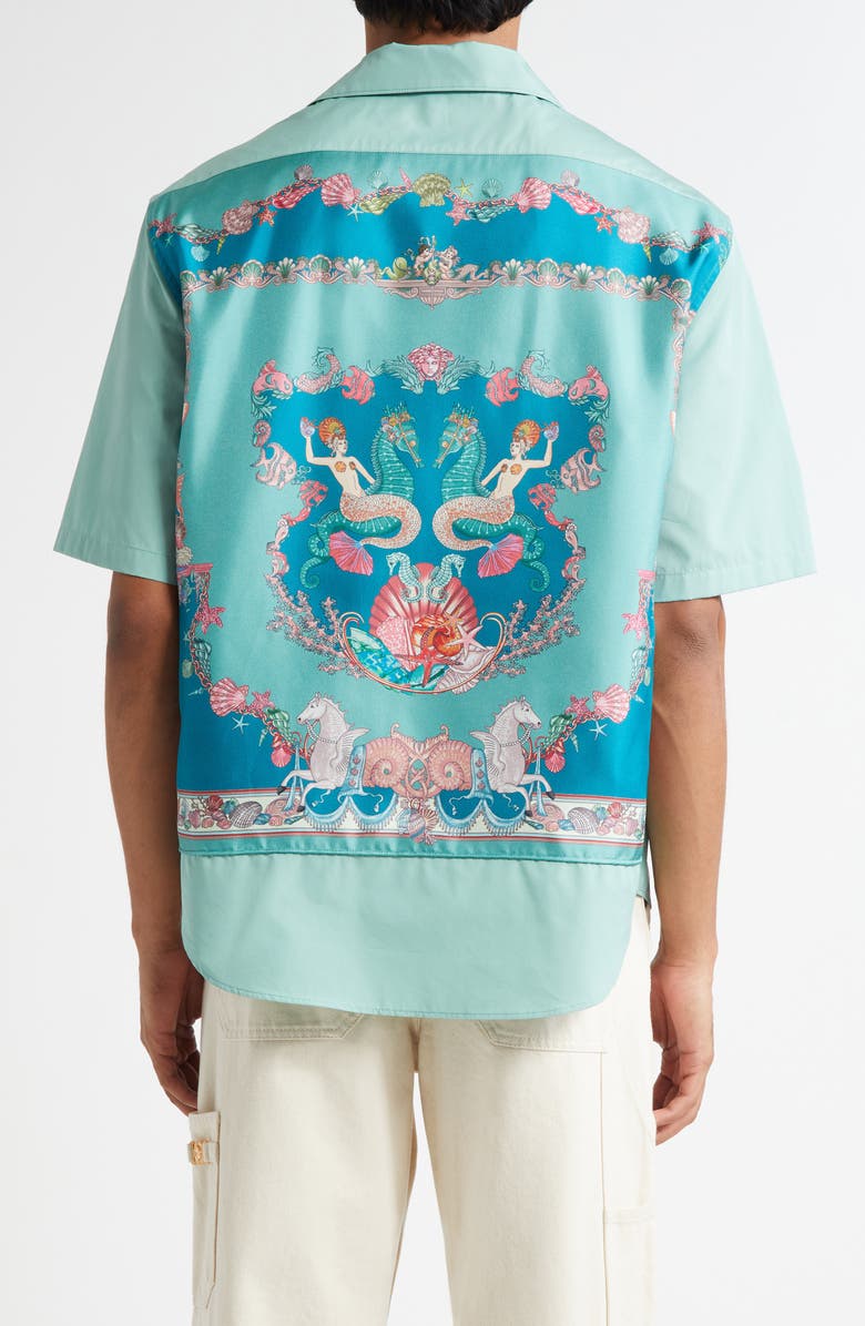 Versace Coral Theater Cotton Poplin & Silk Camp Shirt, Alternate, color, Sea Green Dark Sea Green