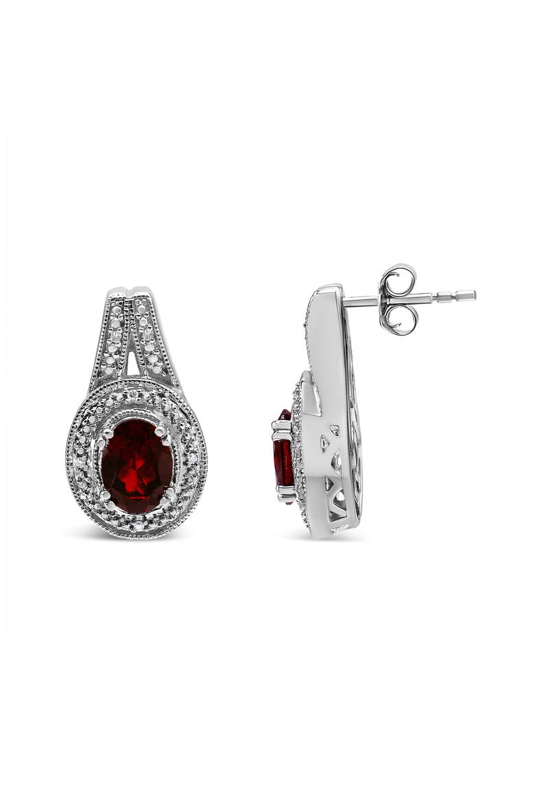 Silver Diamond Accent and 8x6mm Red Oval Garnet Stud Earrings, Alternate, color, White