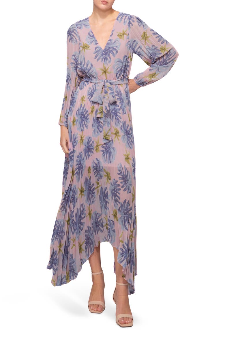 Tie Waist Long Sleeve Pleated Maxi Dress, Main, color, PINK LILAC