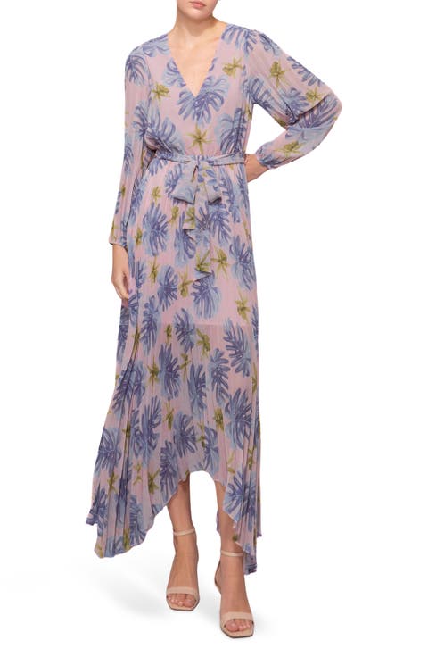 Tie Waist Long Sleeve Pleated Maxi Dress