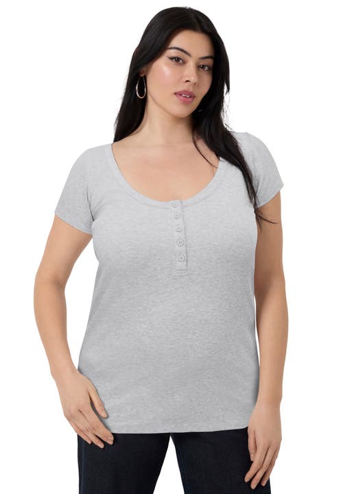 June + Vie Ribbed Henley Top In Gray
