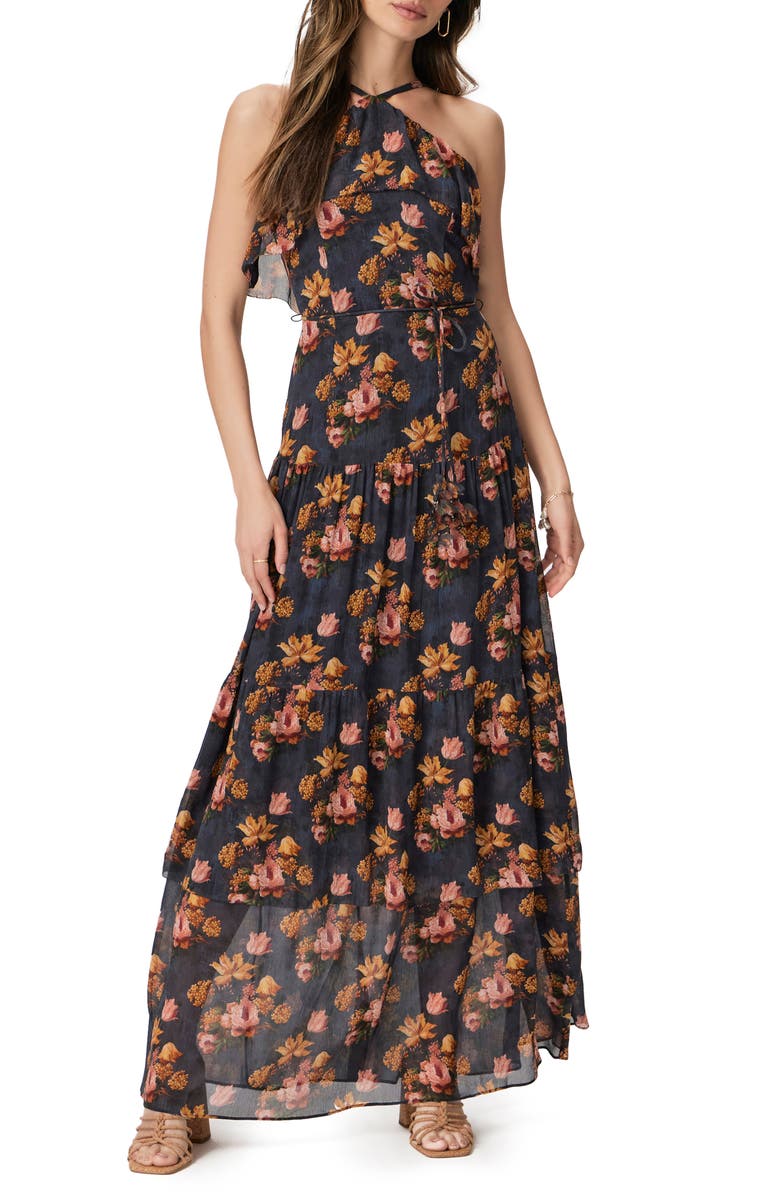 PAIGE Calypso Floral Tiered Silk Georgette Maxi Dress, Main, color, Navy/ Blue Multi
