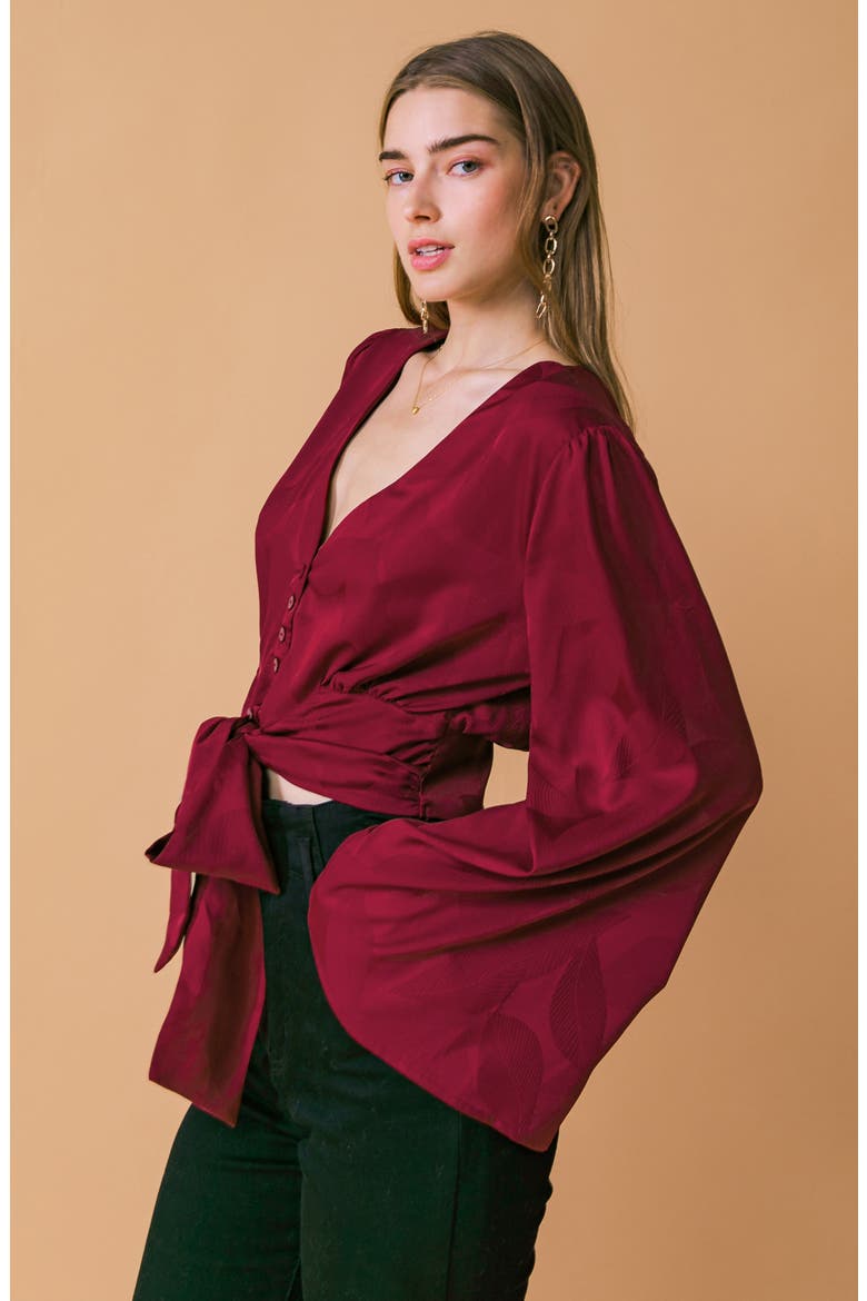 Front Tie Long Sleeve Satin Top, Alternate, color, BURGUNDY