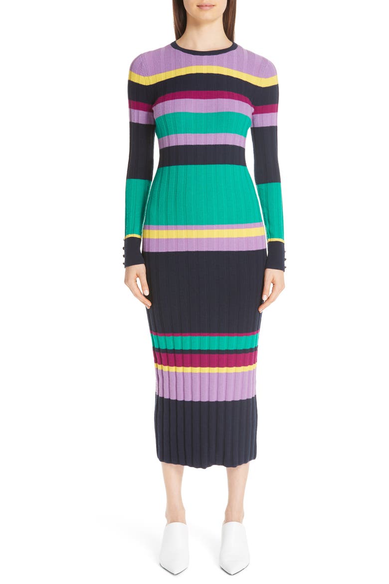Ribbed Stripe Wool Blend Sweater Dress, Main, color, NAVY MULTI