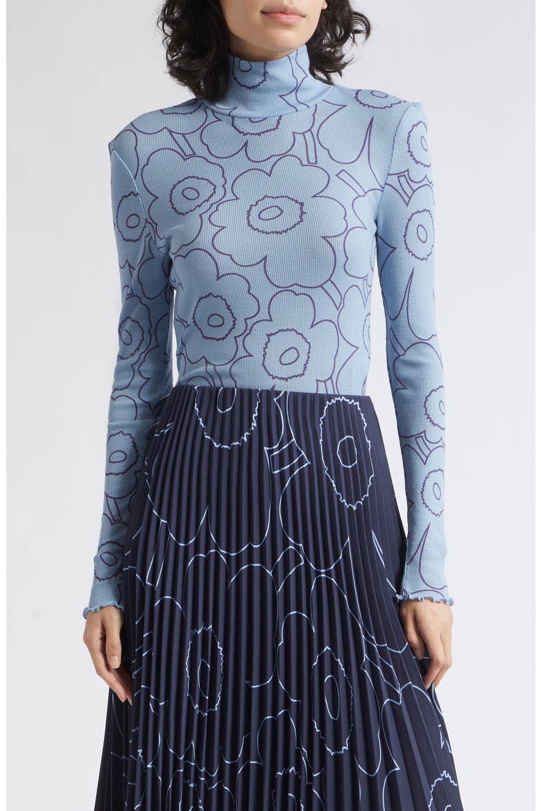 Hily Pirto Uniko Abstract Floral Rib Knit Wool Turtleneck, Main, color, LIGHT BLUE DARK BLUE