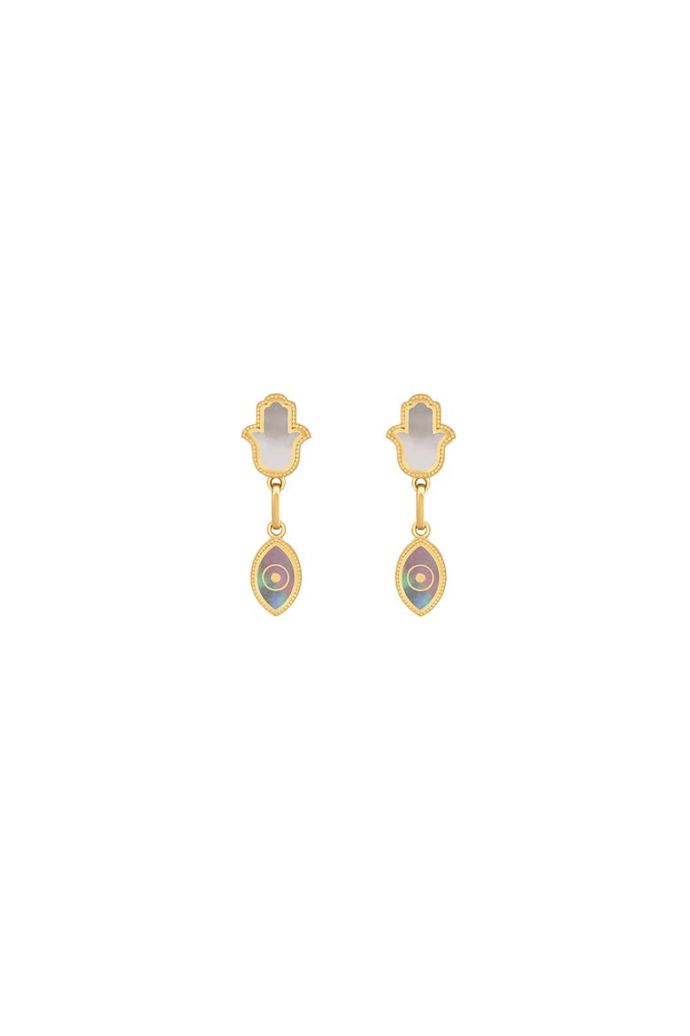 Boundless Joy Hamsa & Evil Eye Mother of Pearl Earrings, Main, color, Gold/Grey