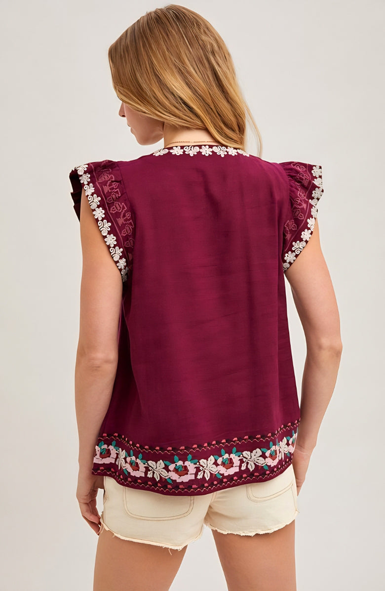Knit and Lounge Floral Embroidered Flutter Sleeve Tassel Tie Boho Blouse, Alternate, color,