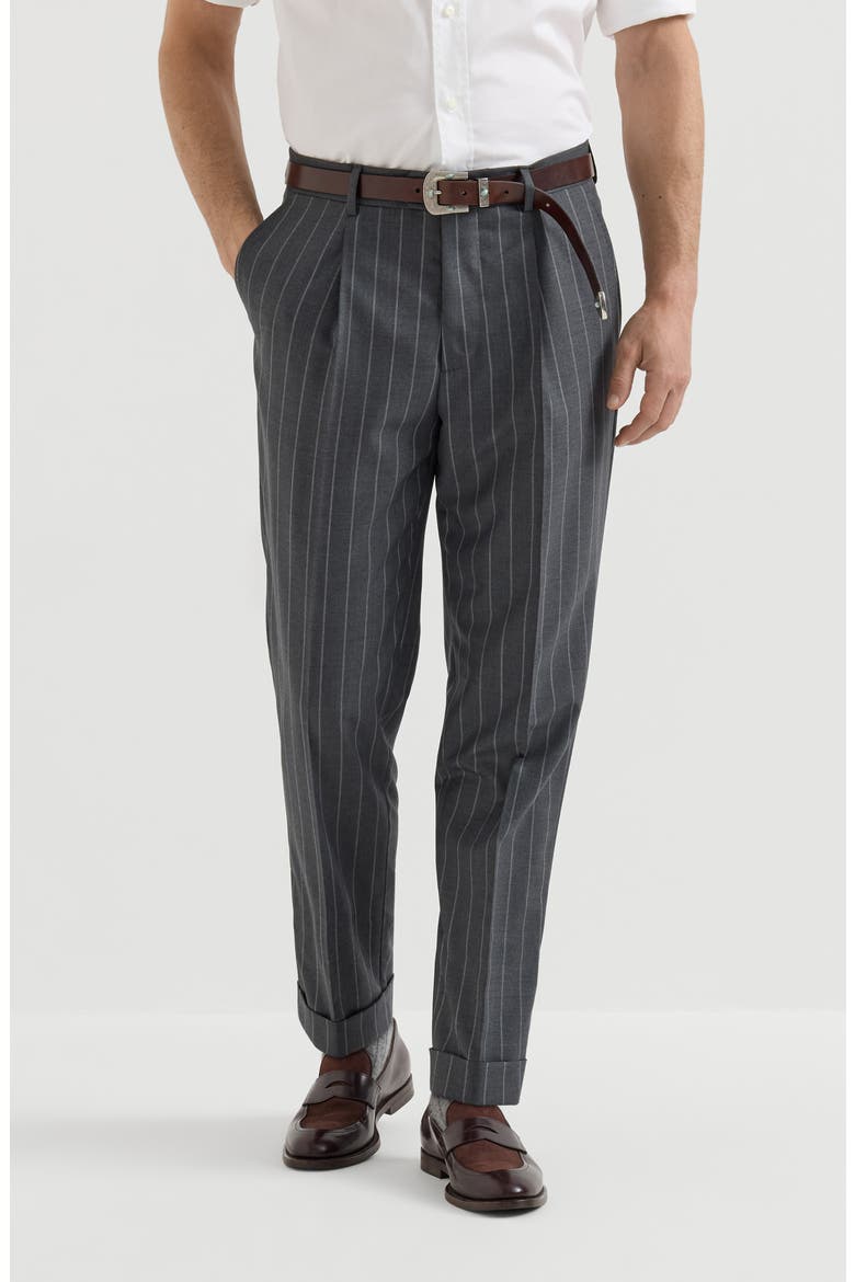 Super 150s virgin wool wide chalk stripe batavia trousers with pleat, Main, color, Grey