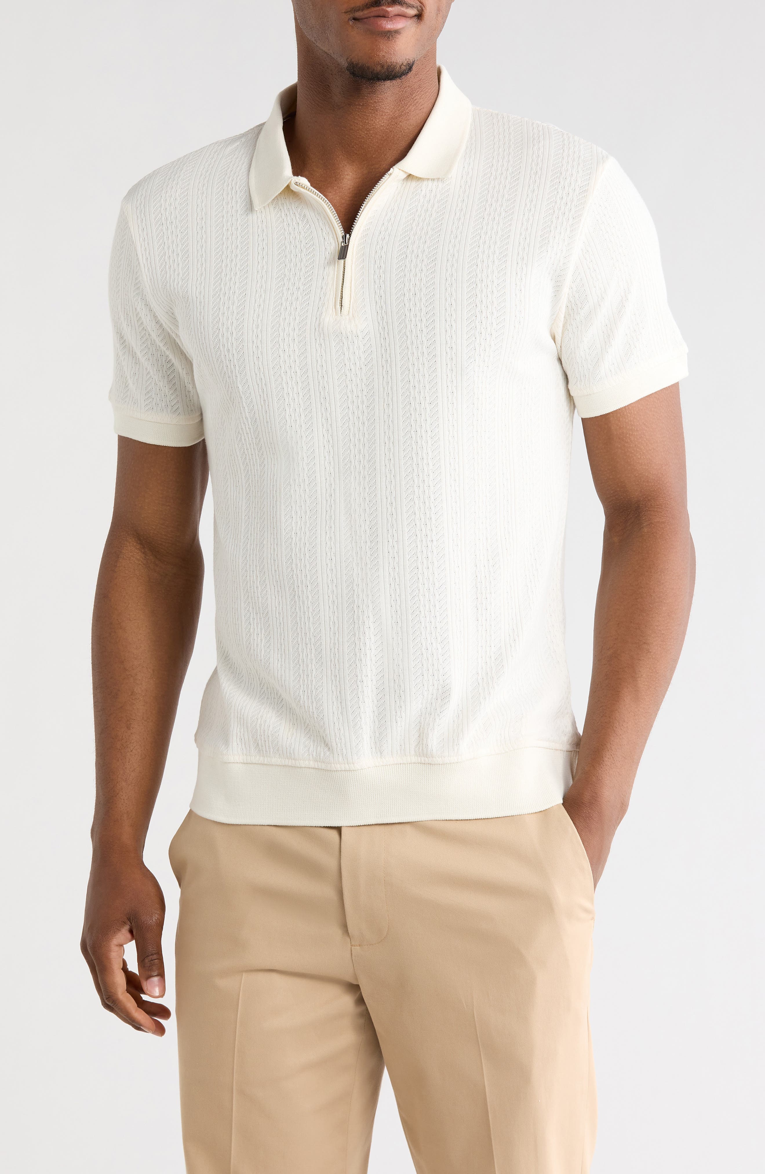 DENIM AND FLOWER Textured Geometric Stripe Quarter Zip Polo