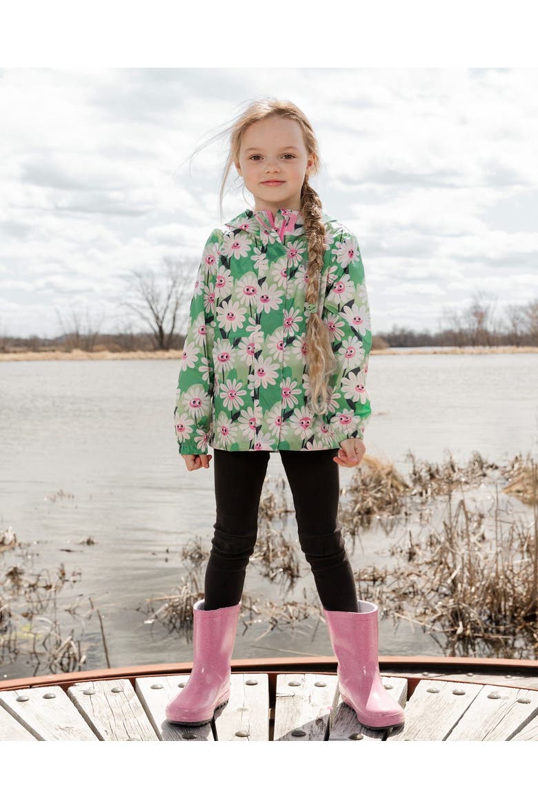 Packable Smiling Flower Windbreaker in Polyester, Alternate, color, Green Smiling Flower Print