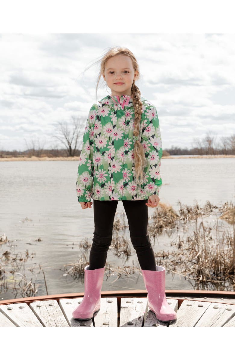 Deux par Deux Packable Smiling Flower Windbreaker in Polyester, Alternate, color, Green Smiling Flower Print