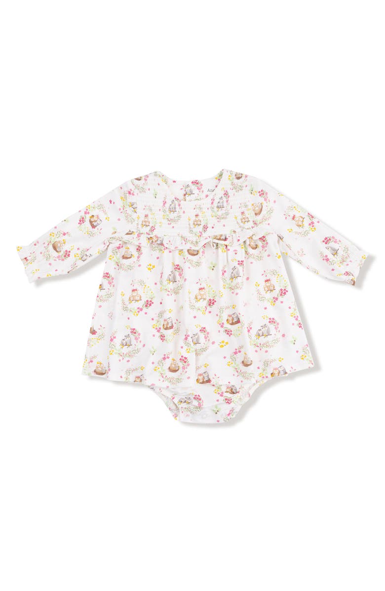 Angel Dear Floral Owl Families Smocked Skirted Bodysuit, Main, color, Ivory