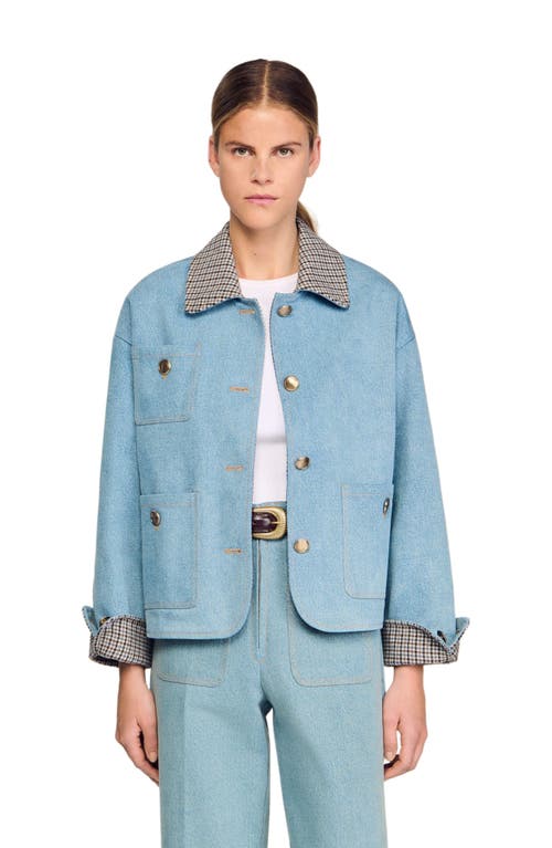 Sandro Plaid Collar Denim Jacket In Blue